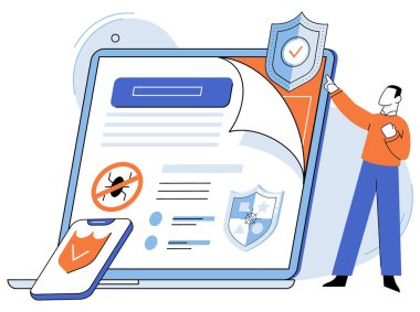 Casus yazılım virüsü. Vektör çizimi. Güvenlik önlemleri siber saldırılar ve kötü niyetli yazılıma karşı korunuyor.