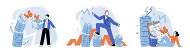 Ekonomi çöküyor. Vektör çizimi. Ekonomik düzelmenin getirdiği zorlukları aşmak için hükümet müdahalesi gerekli hale gelmektedir. Ekonomik iyileşme stratejik planlama ve teşvik edici tedbirler gerektirir.