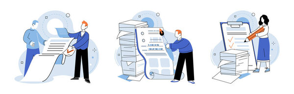 Бумажная работа. Векторная иллюстрация. Бюрократия добавляет ненужную сложность процессу оформления документов Отчёт должен быть подготовлен для финансовой информации компании Стол выглядит запутанным с разбросанными бумагами