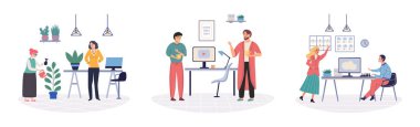 Ofis boş zamanı vektör çizimi. Şirket değerlerindeki meslekler, iş memnuniyetine ve genel mutluluğa katkıda bulunur. Ofiste boş zaman bulmak, bireylerin bağlanmasına olanak sağlar.