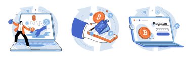 Bitcoin vektör çizimi. Bitcoin ve kripto para, peyzaj finansmanını ve para birimini dönüştürdü. Dijital çağda para artık fiziksel nakit ile sınırlı değildir. Sanal para birimlerini kapsar.