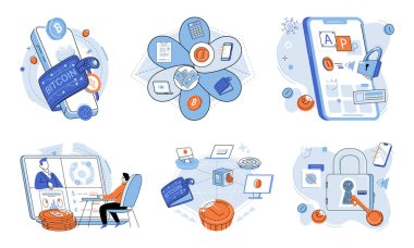 Blockchain vektör illüstrasyonu. Merkezi olmayan doğa engelleme zinciri, güvenlik ve bütünlük finansal verileri güvence altına alır. Gelecekteki dijital para birimleri, gelişmiş engelleme zinciri tabanlı finansal verilere bağlıdır.