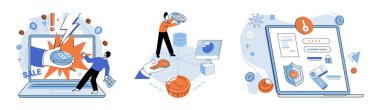 Dijital para birimi vektör çizimi. Finansal sistemlerdeki teknolojik gelişmeler sorunsuz dijital para birimi işlemlerine olanak sağlıyor. Evlat edinme dijital para birimleri güven oluşturuyor ve mali açıdan gelişiyor.