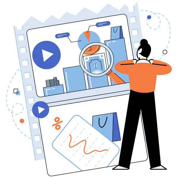 ビデオマーケティングベクターイラスト ビデオコンテンツ内の広告は ビデオマーケティング努力を収益化するための一般的な方法です 効果的なコミュニケーションは メッセージを伝えるためにビデオマーケティングの鍵です — ストックベクタ