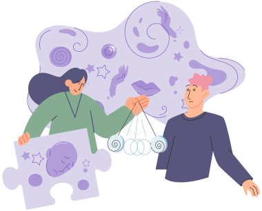 Hipnoz vektör çizimi. Kişilerin zihinsel sağlığı öncelikli olarak psikoterapiye odaklanır hipnoz durumundaki trans durumları hipnotik durumlara yardımcı olabilir.