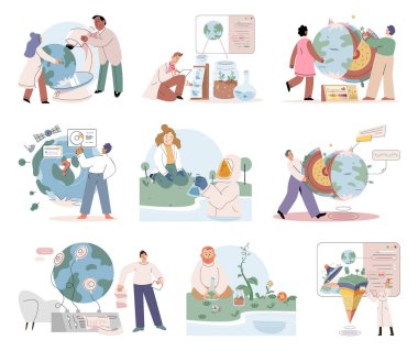 Dünya bakımı. Vektör çizimi. Toprak bakımı, gezegenimize karşı kolektif sorumluluk gerektiriyor. Çevre bakımı toplum içindeki bağları güçlendiriyor. Dünya Günü aktif olarak hatırlatma görevi görüyor.