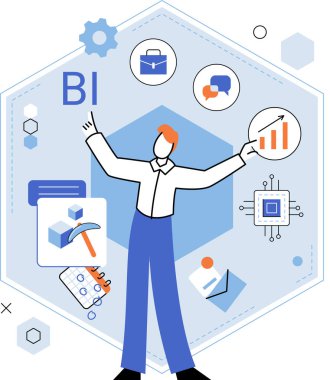 İş zekası. Vektör illüstrasyon Teknolojisi verimli veri analizi ve iletişimi mümkün kılar. Konsept büyümesi iş geliştirme için merkezdir. Değerlendirmedeki finansal dathelps