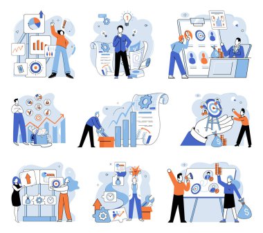 İş geliştirme. Vektör çizimi. İş Kavramları, karmaşık kavramları basitleştirir. Erkekler ve kadınlar çeşitli iş faaliyetlerine aktif olarak katılırlar. Çeşitli gruplar içinde işbirliği yaparlar.