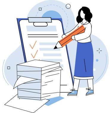 Evrak işleri. Vektör çizimi. Şirket için kapsamlı bir mali raporun hazırlanması gerekir. Masa bol kağıt ve belgelerle dolu gibi görünüyor. Bir kağıt eksiksiz doldurulmalı.