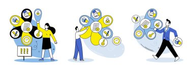 İş analitiği vektör illüstrasyonu. Hedeflenen pazarlama kampanyaları belirli müşteri segmentlerine etkili bir şekilde ulaşır Raporlar iş performans bilgileri hakkında kapsamlı bilgi sağlar