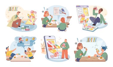 Gadget bağımlılığı. Vektör çizimi. Mobil cihazlar dijital içeriğe erişme ve tüketme şeklimizi değiştirdi. Yaygınlık aleti bağımlılığı dijital detoks ve ılımlılık için gereksinimleri vurguluyor.