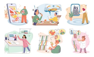 Tabletli çocuk. Vektör çizimi. Tablet metaforu olan çocuk dijital tablet kullanarak çocukların yaşamlarına entegrasyon teknolojisini temsil ediyor.