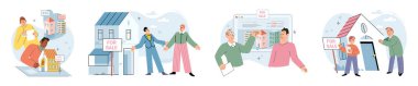 Satılık ev. Vektör illüstrasyonunda ev arayan insanlar farklı mahalleleri ve konut seçeneklerini araştırdılar. Yeni evler satın almak için pazarlama, kiralama ve ev yatırımları gerekliydi.