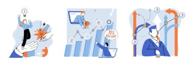 İş çözümü vektör çizimi. Meslekler büyüme, gelişme ve uygulama için fırsatlar sunar. Stratejik planlar başarılı yönetimler, uygulanabilir stratejiler oluşturmayı içerir.