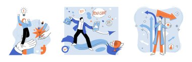 İş çözümü vektör çizimi. Karmaşık sorunları çözmek stratejik düşünme ve uygulama gerektirir. Etkili çözümler. Motivasyon, bireyleri ve takımları başarılı olmaya iter.