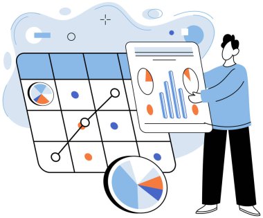 İş veri analizi vektör illüstrasyonu. Kalp atışı işleri odalarda yankılanır veri incelemesi bilgi yakıt itici motor stratejik analizi peyzajda gelişir