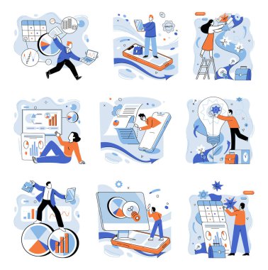 İş otomasyonu vektör illüstrasyonu. Otomatik stratejiler hedef verimlilik için rota çizelgesi Balo salonu ilerlemesinde yenilik ve otomasyon dansı Dijital süreçler işletmeyi engelliyor