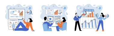 İş veri analizi vektör illüstrasyonu. İş stratejisi, hazine veri keşfi için yol haritasıdır. İş kanatları üzerinde analitik araştırmaya başlar. Kalp atışı işleri odalarda yankılanır.