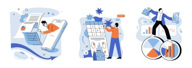 İş yürütme vektör illüstrasyonu. Geliştirme, ressamlık, sürekli gelişen tuvali boyama, ileri görüşlü iş operasyonları, analiz, seyrüsefer kursları, engin deniz karmaşıklığı.