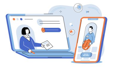 Sosyal yardım. Vektör çizimi. Gönüllü olmak sosyal refaha katkıda bulunmak ve olumlu etki yaratmak için güçlü bir yoldur. Bağımsızlık ve kendi kendine yetme sosyal refah programları hedeflerdir.