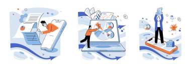 İş yürütme vektör illüstrasyonu. Ticari operasyonlar, hassas planlarla stratejik hedeflere ulaşmaya adanmış işgal, yıldızlara yol gösterme, iyi organize edilmiş işleri aydınlatma