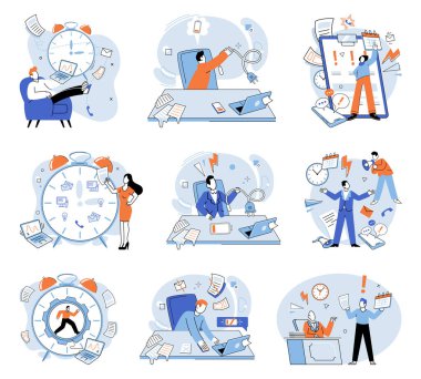 Çalışan vektör illüstrasyonu meşgul. Yoğun çalışan metaforu, belirli mesleklerde sürekli itişmeyi ve kendini işine adamayı sembolize eder.