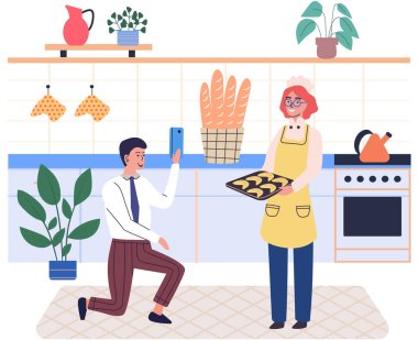 Telefonla. Vektör çizimi. İnsanlar çeşitli biçimlerde iletişim araçlarıyla iletişim kurar. Telefondaki haberciler anlık ve uygun iletişimi sağlar. Kablosuz teknolojiyi etkinleştirir.