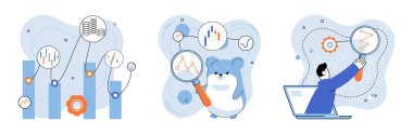 Kripto yatırımı. Vektör çizimi. Kripto para ticareti, geleneksel para birimleri karşılığında dijital varlıkların alınıp satılmasını içerir. Ekonomik kripto birimleri bağımsız olarak çalışır.
