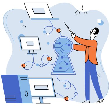 Sistem yöneticisi. Vektör çizimi. Yöneticiler, organizasyon içerisinde denetimi sürdürmek için etkili yönetim ve düzenlemeler sağlarlar Destek yöneticileri yardım ve destek sağlarlar