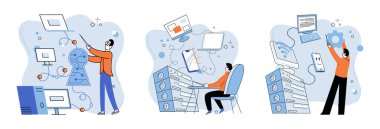 Teknik destek. Vektör çizimi. Saha teknolojisindeki profesyoneller, başkalarının teknolojik ihtiyaçlarının desteklenmesinde hayati rol oynar. Teknolojik gelişmeler sürekli öğrenmeyi ve kalmayı gerektirir.