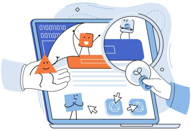 Uygulama testi metaforu. Vektör çizimi. Yazılım testi, hata uygulama testini ortadan kaldıran kod koruyucu, yazılım kullanıcılarıyla tanışmadan önce gerekli ritüel, gerekli.