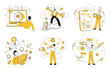 Yenilikçi fikirler vektör illüstrasyonu. Keşif, zekanın ve yenilikçi fikirlerin yenilikçi fikirlerle kesiştiği zorlu yenilikçi düşünce sürecinde fırsatlara dönüşür.