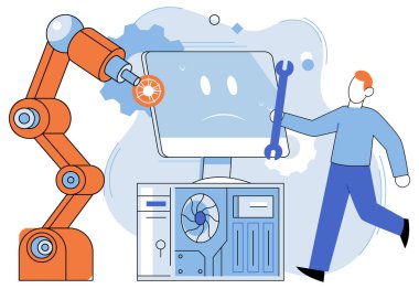 Teknik destek. Vektör çizimi. Teknik destek kavramında, teknik uzmanlardan tavsiye almanın önemine ve verimliliğine vurgu yapılıyor.