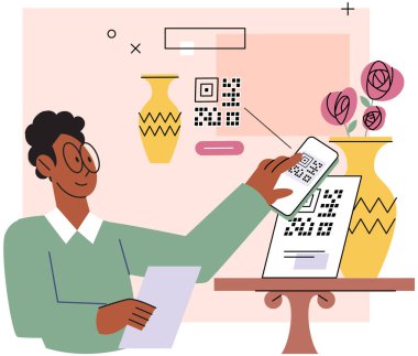 Akıllı telefondan ödeme kodunu tarayan adam internet ve mobil nakitsiz işlemler için akıllı teknolojinin online ödeme konseptiyle online alışveriş yapıyor. Hızlı yanıt sistemi elektronik aktarımı