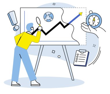 Veri görselleştirme vektör illüstrasyonu. Veri görselleştirme teknikleri, veritabanı yönetim sistemleri içerisindeki kalıpları ve eğilimleri ortaya çıkarmada yardımcı olur. Veritabanı yönetim sistemleri verimli bir depolama ve veri alma sağlar