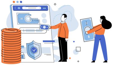 Kitle fonlaması. Vektör çizimi. Kitle fonlama platformları girişimcilere fikirlerini sergilemeleri için fırsat sağlıyor. Finansal destekçiler kitle fonlama kampanyalarında çığır açan gelişmelere yol açıyor.