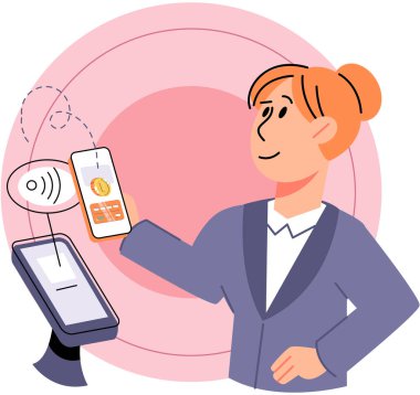 Nakitsiz ödeme. Vektör çizimi. Çevrimiçi alışveriş platformları genellikle çeşitli nakit ödeme seçenekleri sunar. Taşınabilir nakitsiz ödemelerle, satın almak için ödeme yapabilirsiniz.