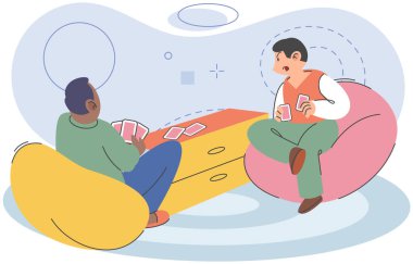 Birlikte oynayın. Aile eğlencesi. Arkadaşlık zamanı. Vektör çizimi. Arkadaşların oyun gecesindeki kahkahalar ve neşe, basitçe bulaşıcıdır. Sevdiklerimizle oyunlar oynamak sıcak ve misafirperver bir ortam yaratır.