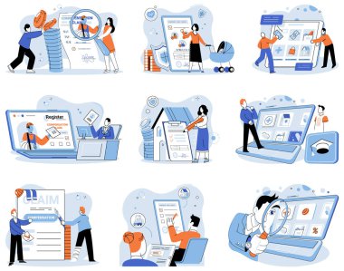 Sigorta poliçesi vektör çizimi. Kontrat, güvenlik ağı. Krizler sırasında seni finansal güvenlikle kucaklarken yakalamak. Koruma hizmetleri, tapınağın başında nöbet tutan finansal koruyuculardır.