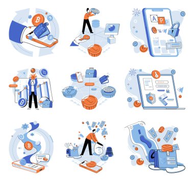 Şifreli para birimi vektör çizimi. Dijital cüzdanlar, kripto para birimlerini depolamak ve yönetmek için güvenli ve kullanışlı bir yol sunar. Ekonomi, evlat edinme kripto para birimlerinin oluşturduğu ağ etkisiyle gelişir.