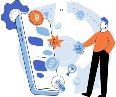 Bitcoin vektör çizimi. Ekonomi, entegrasyon teknolojisi ve kripto para birimleriyle birlikte dönüşüm geçiriyor. Finansal kurumlar potansiyel sanal kurumları aktif olarak araştırıyorlar.