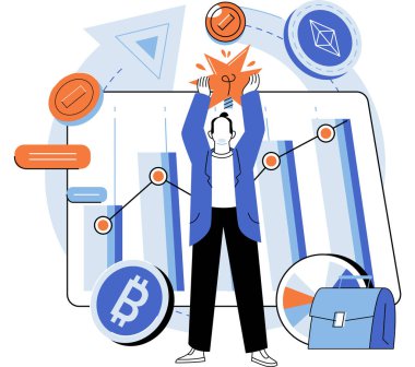 Şifreli para birimi vektör çizimi. Sanal para birimleri geleneksel bankacılık sistemlerine merkezi ve verimli alternatif sunuyor. Dijital para kavramı geleneksel para kavramlarına meydan okuyor