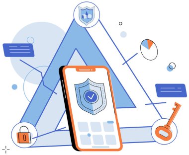 Siber güvenlik vektör çizimi. Savunma mekanizmaları hassas bilgileri yetkisiz erişimden korur. Gizlilik, siber güvenliğe güven ve güveni korumak için çok önemlidir.