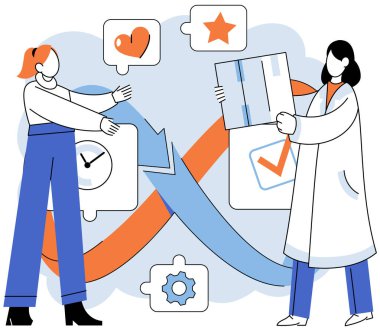 Üründen servis modeline. Vektör çizimi. Etkili yönetim uygulamaları ürün ve hizmet sunumlarını denetlemek için hayati önem taşımaktadır.