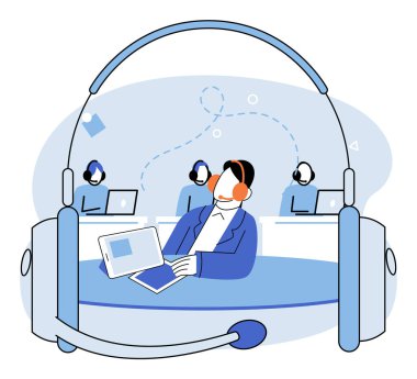 Acil yardım hattını ara. Vektör çizimi. Çağrı merkezi yardım hattındaki temsilciler müşteri hizmetlerine adanmıştır. Çağrı merkezi, müşteri hizmetlerini verimli hale getirmektedir.