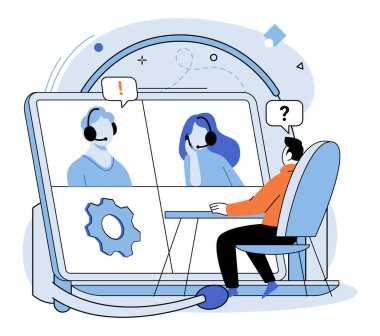 Acil yardım hattını ara. Vektör çizimi. Çağrı merkezi yardım hattı müşteri hizmetleri için sorunsuz ve verimli bir süreç sağlar. Çağrı merkezi yardım hattındaki temsilciler müşteri hizmetlerine adanmıştır.