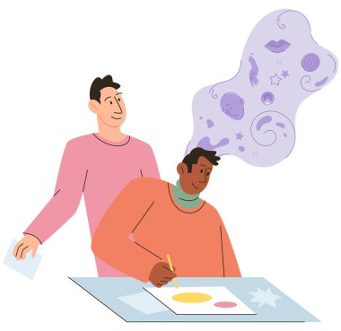 Oyun terapisi vektör illüstrasyonu. Psikoloji ve psikoterapi bireyler üzerindeki psikolojik etkinin anlaşılmasını sağlar. Oyun terapisi oyun unsurlarını terapi ile bütünleştirir.