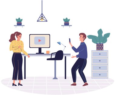 Ofis vektör illüstrasyonu oynuyor. Ofiste dengelenmiş iş ve oyun daha iyi bir iş memnuniyetine ve çalışanların katılımına yol açar.