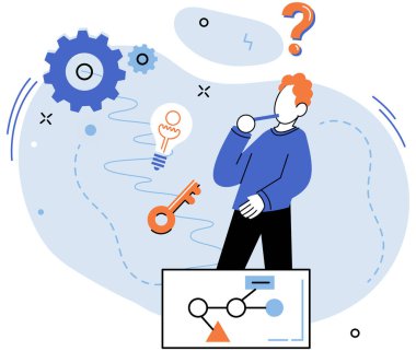 Mantıklı düşün. Vektör çizimi. Sorgulamak entellektüel merakımızı körüklüyor ve yeni olasılıklara kapı açıyor. Cevaplar mantıklı düşünmenin ödülleridir. Bunlar bulmaca parçaları.