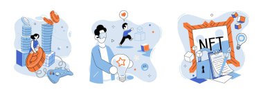 Web 3 vektör illüstrasyonu. Web 3 metaforu konsept internetteki paradigma değişimini ve yeteneklerini temsil etmektedir. İşletmeler dijital ekonomide engelleme teknolojisi ve işletmeleri kullanarak gelişmektedir.